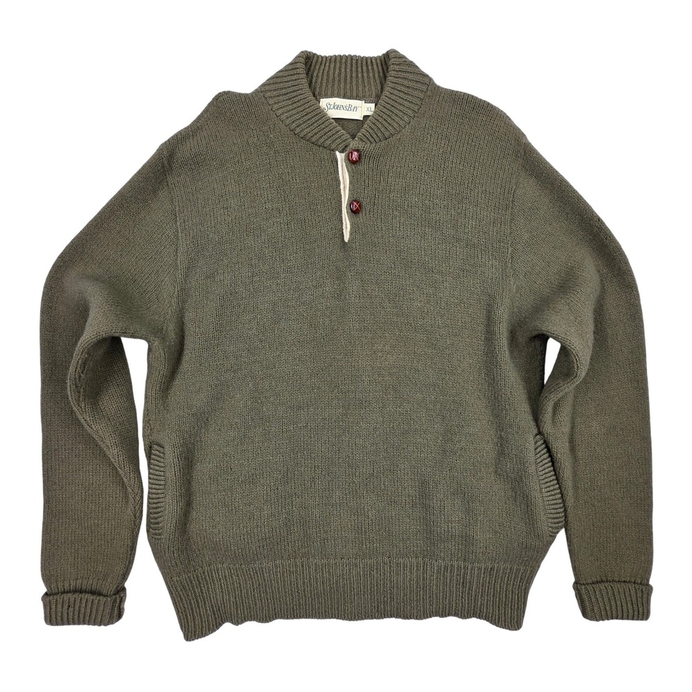 St Johns Bay Mens XL Olive Green Henley Sweater Two Button Pockets Heavy Knit